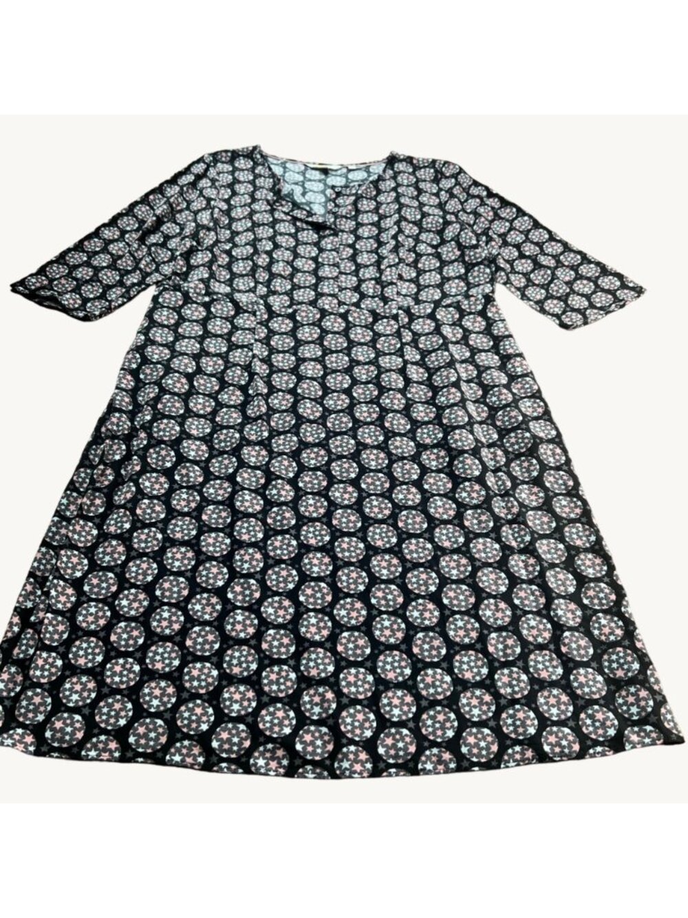 Boden Size 8R Black Pink White Star Polka Dot Ottilie Split Neck A-Line Dress - Picture 3 of 16